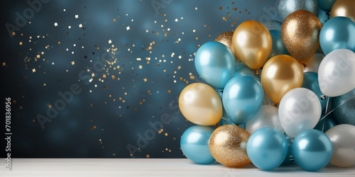 Birthday party blue and gold composition with balloons and confetti, concept for giftcard with copy space, light background