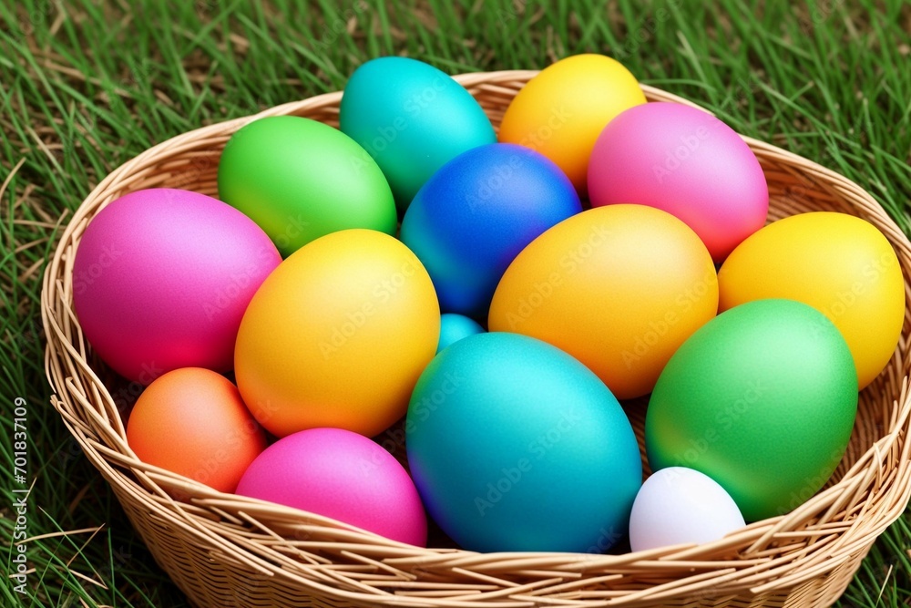 Colorful easter eggs in a basket on green grass background.