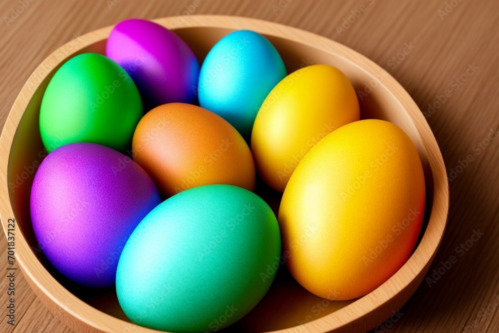 Colorful easter eggs in a basket on green grass background.