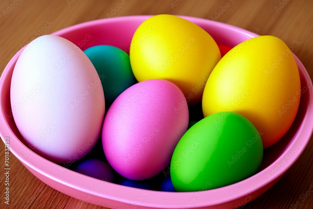 Colorful easter eggs in a basket on green grass background.
