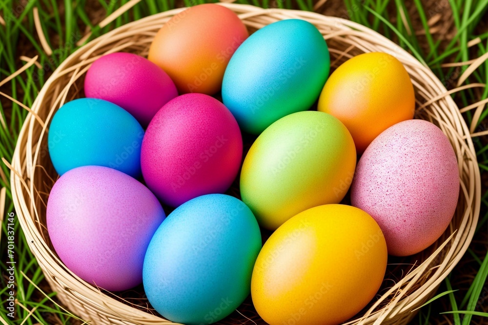 Colorful easter eggs in a basket on green grass background. Colorful easter eggs in a basket on green grass background.