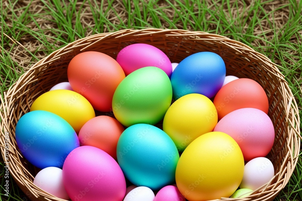 Colorful easter eggs in a basket on green grass background.