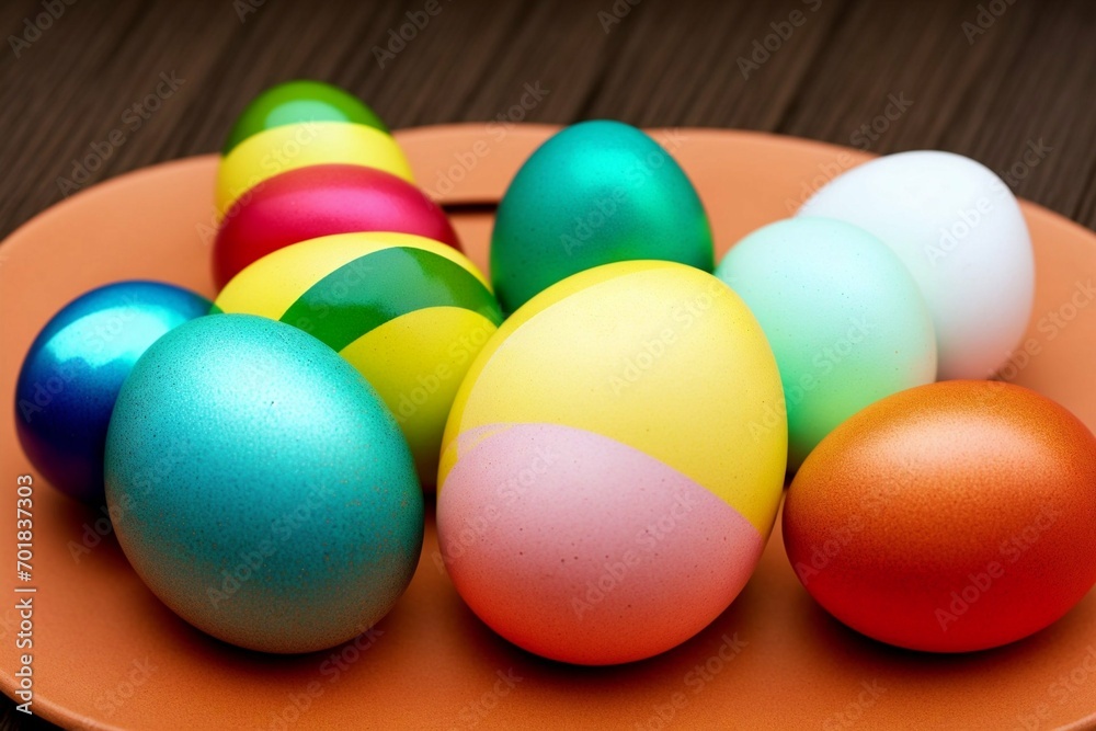 Colorful easter eggs in a basket on green grass background.