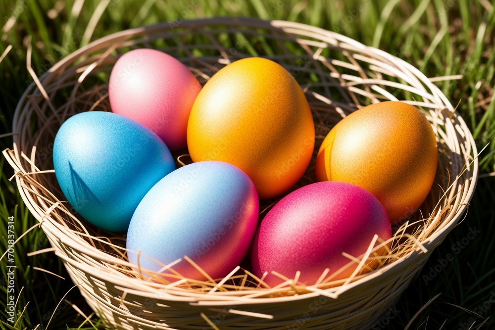 Colorful easter eggs in a basket on green grass background. Colorful easter eggs in a basket on green grass background.