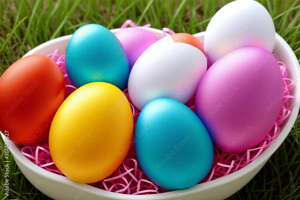 Colorful easter eggs in a basket on green grass background. Colorful easter eggs in a basket on green grass background.