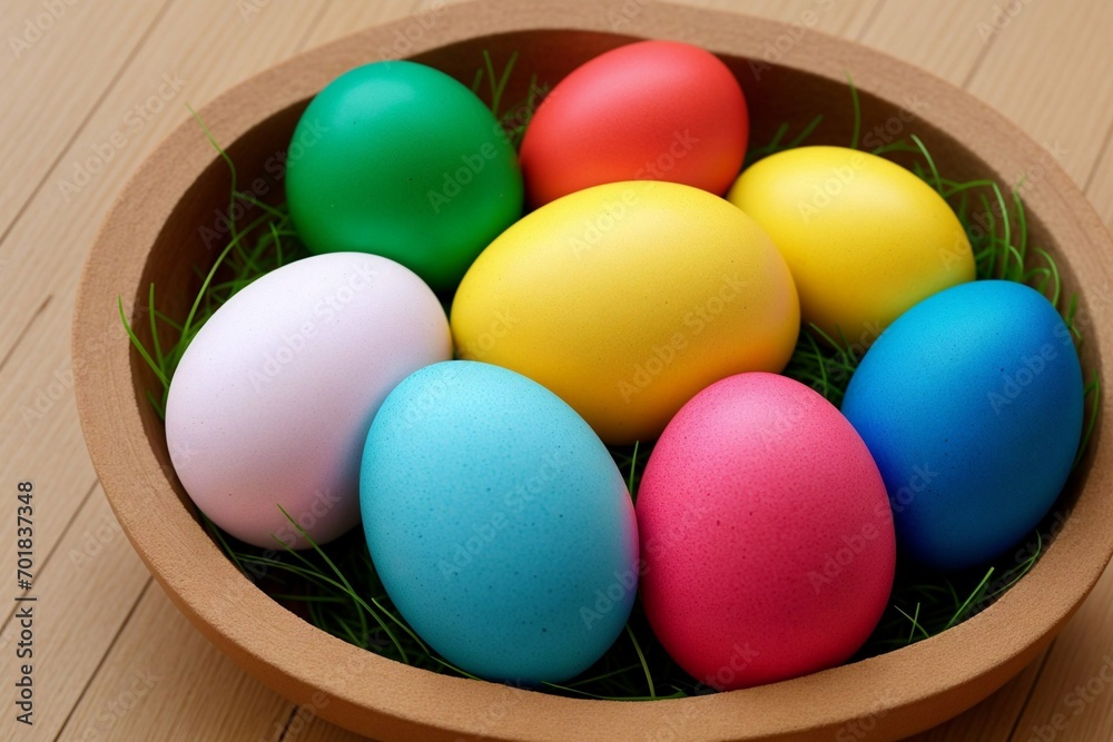 Colorful easter eggs in a basket on green grass background. Colorful easter eggs in a basket on green grass background.