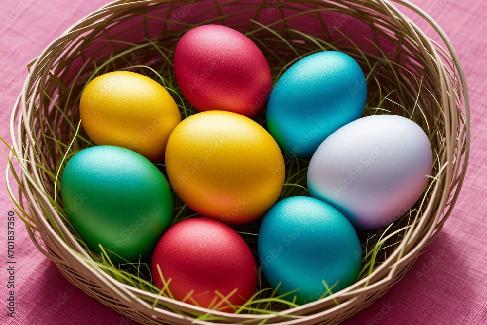 Colorful easter eggs in a basket on green grass background. Colorful easter eggs in a basket on green grass background.