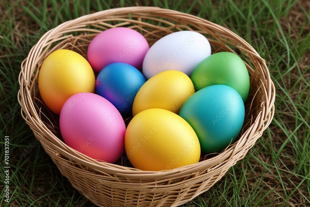 Colorful easter eggs in a basket on green grass background. Colorful easter eggs in a basket on green grass background.