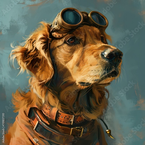 Design an avatar in a steampunk theme, featuring a Gondel Retriever as the pilot.
 photo