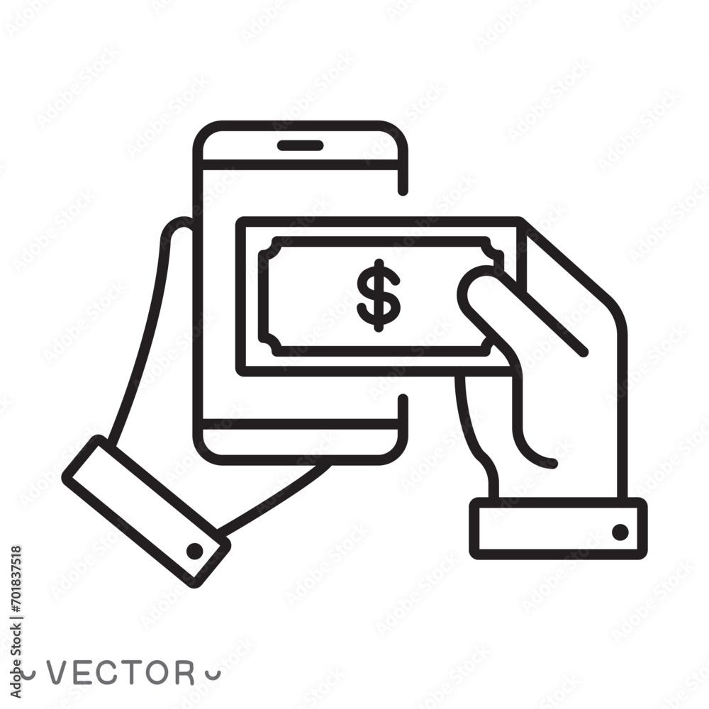 icon of receiving money using a mobile phone, sending or transferring money using a mobile phone isolated on a white background, editable stroke eps 10 vector illustration icon of receiving money using a mobile phone, sending or transferring money using a mobile phone isolated on a white background, editable stroke eps 10 vector illustration