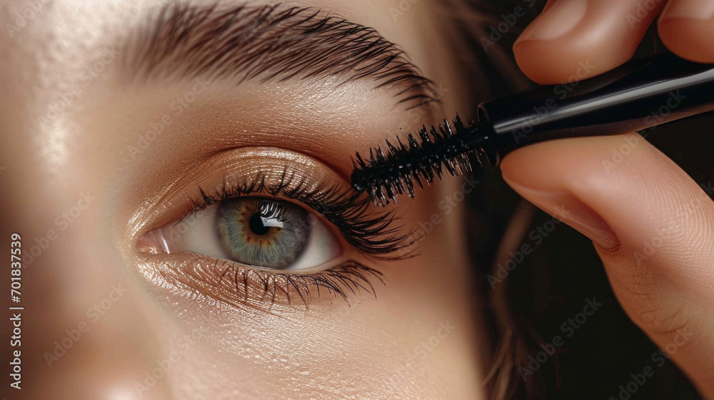 A close-up of a young woman's eyes as she applies mascara to her eyelashes. Beauty shot. Green eyes.
