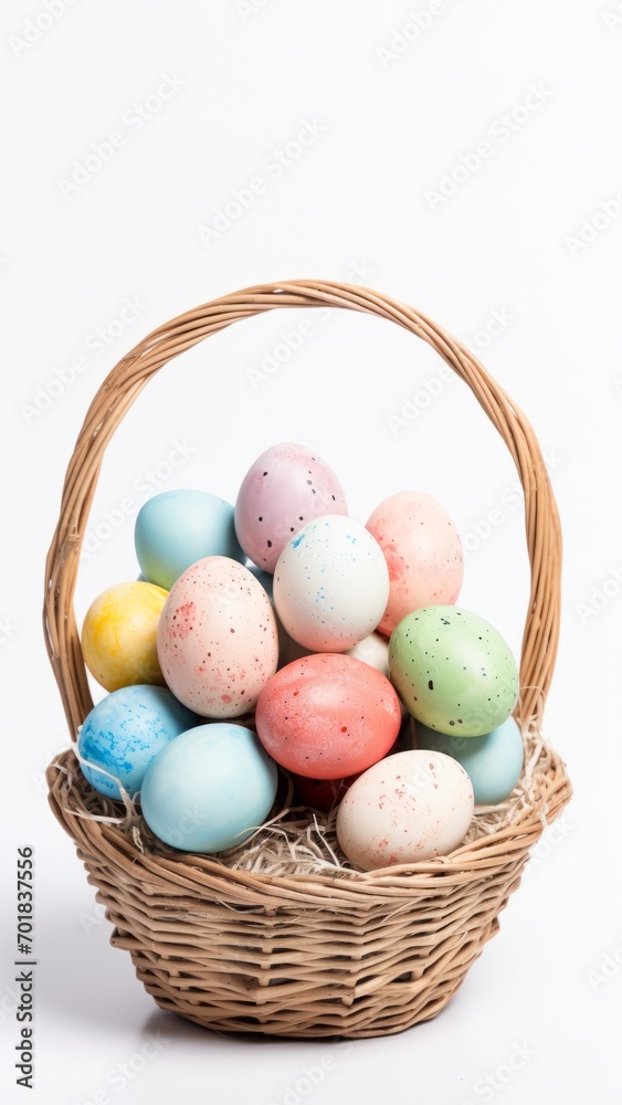 Fototapeta premium Easter eggs in a basket on a white background