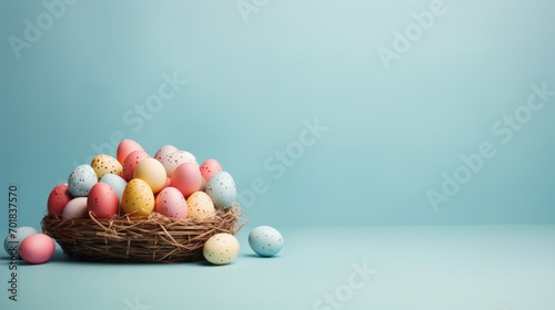 Easter eggs in a basket on a light blue background