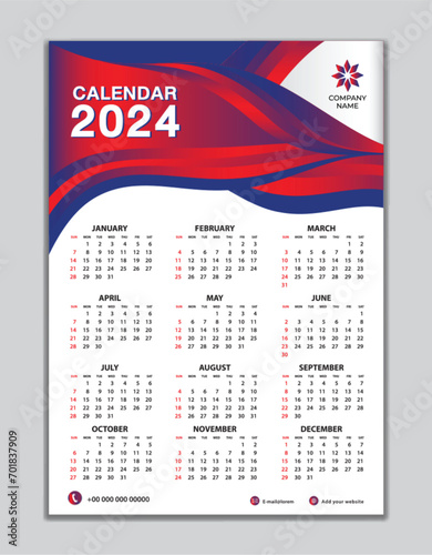 Wall calendar 2024 template on red wave background, calendar 2024 design, desk calendar 2024 design, Week start Sunday, flyer, Set of 12 Months, organizer, planner, printing media