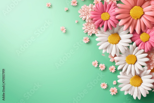 Beautiful spring flowers on the green pastel color background. Springtime composition with copy space. © pilipphoto