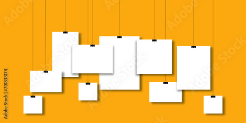 Poster mockup hanging list. Photo frame concept gallery portfolio. Creative A4 sheet vector illustration isolated on background.