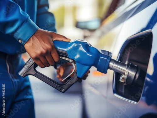 Close up hand of man Driver Refuels Car at Gasoline Pump, Hands Holding Fuel Nozzle at Petrol Station. Vehicle Refueling Process at the Gas Station.