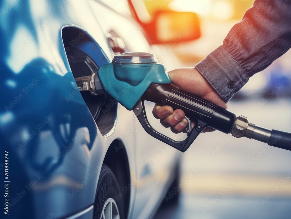 Close up hand of man Driver Refuels Car at Gasoline Pump, Hands Holding Fuel Nozzle at Petrol Station. Vehicle Refueling Process at the Gas Station. - obrazy, fototapety, plakaty 