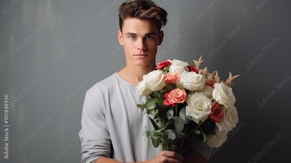 Handsome man holding the bouquet of flowers for gift for valentines or birthday celebration. Smiling male in white shirt holding flowers isolated on the grey background. Handsome man holding the bouquet of flowers for gift for valentines or birthday celebration. Smiling male in white shirt holding flowers isolated on the grey background.
