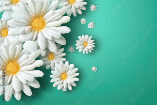 Beautiful spring flowers on the turquoise pastel color background. Springtime composition with copy space.