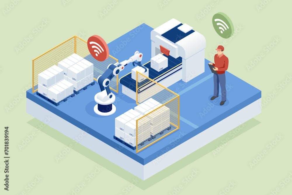 Isometric Automated Packaging and Distribution System. Automated warehouse. Autonomous robot transportation in warehouses Isometric Automated Packaging and Distribution System. Automated warehouse. Autonomous robot transportation in warehouses
