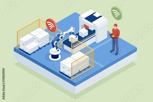 Isometric Automated Packaging and Distribution System. Automated warehouse. Autonomous robot transportation in warehouses