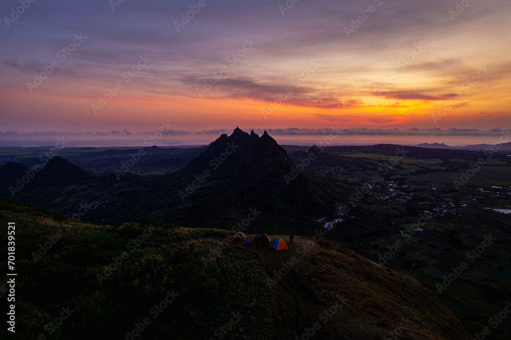 Aerial view of sunrise from top of le pouce mountain in Mauritius island