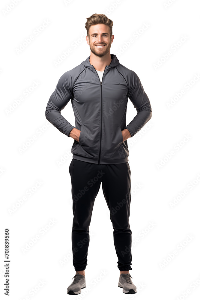 portrait of a muscular physique male wear sport T-shirt and standing confidently isolated