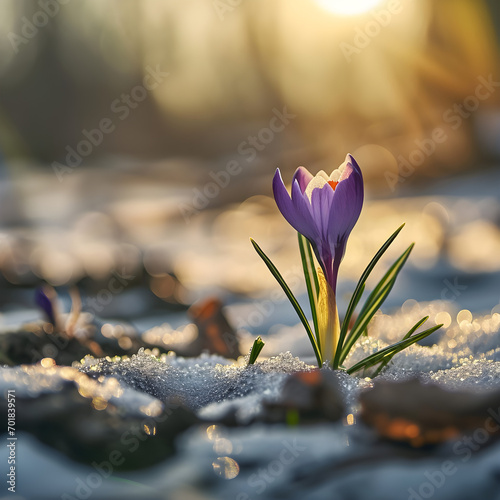 A single purple crocus emerging from melting snow, with a soft-focus background and warm sunlight filtering through