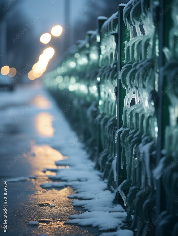 frost covered metal fence on the street