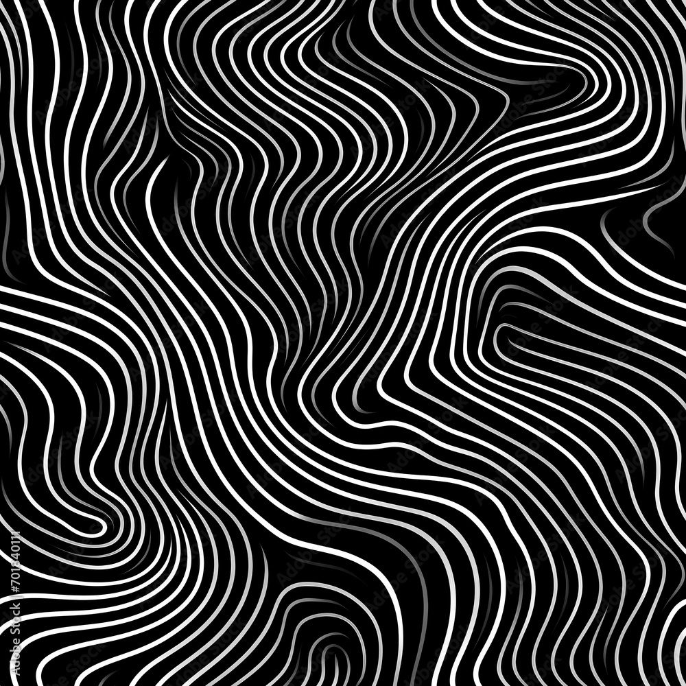 Seamless Geometric Line Illusion on Black Background. Hypnotic Waves Pattern in Monochrome