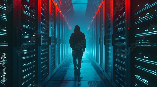 back view of hacker in hoodie standing among illuminated servers, Realistic picture, Data thief photo