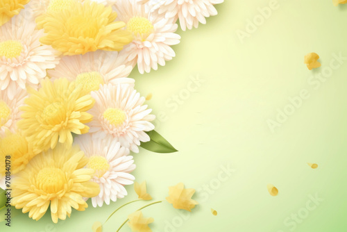 Beautiful spring flowers on yellow background. Springtime composition with copy space.