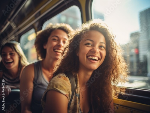 Two Happy young woman tourist on a bus