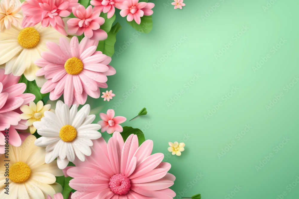 Beautiful spring flowers on the green pastel color background. Springtime composition with copy space.