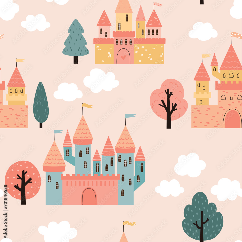 Seamless pattern with beautiful princess castles