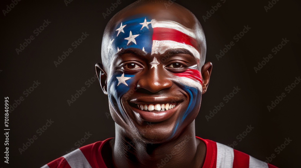 Smiling Afro black man with face paint painted in the color of the flag of the United States of America. Smiling Afro black man with face paint painted in the color of the flag of the United States of America.