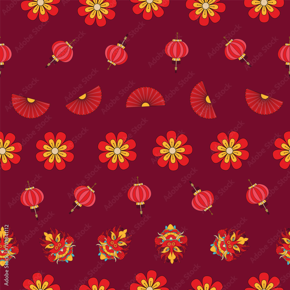 Vector seamless pattern with dragons, flowers, lanterns, and clouds. Chinese New Year pattern design. vector background.