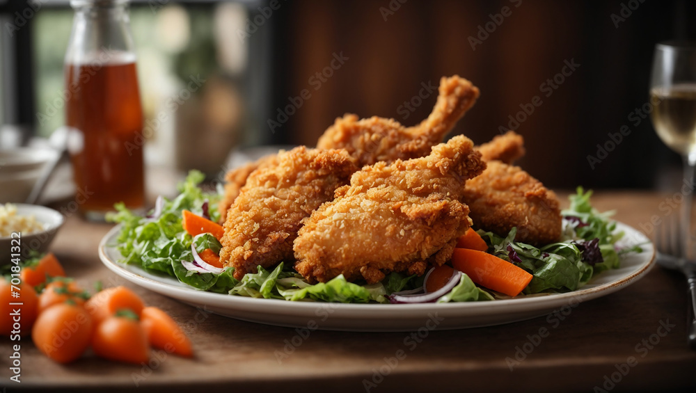 crispy fried chicken on a plate with salad and carrot crispy fried chicken on a plate with salad and carrot