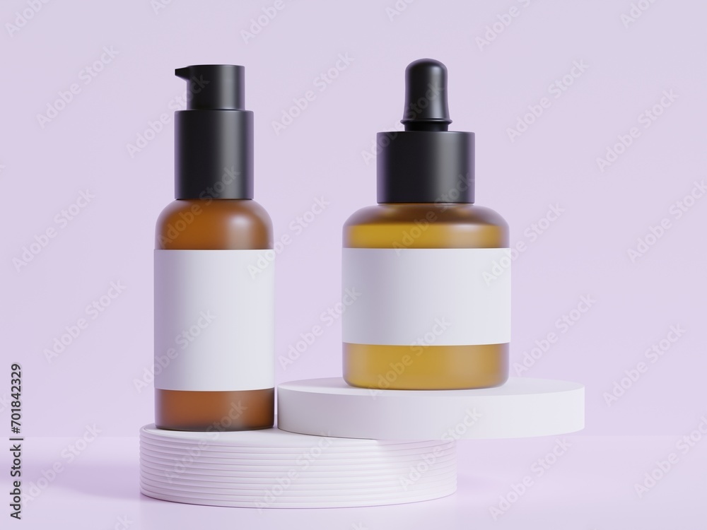 Realistic cosmetic bottle. Beauty product container set, plastic bottle illustration blank. spray bottle, cream tube and jar mockup collection on the podiun 3D. Clear spa hygiene object 