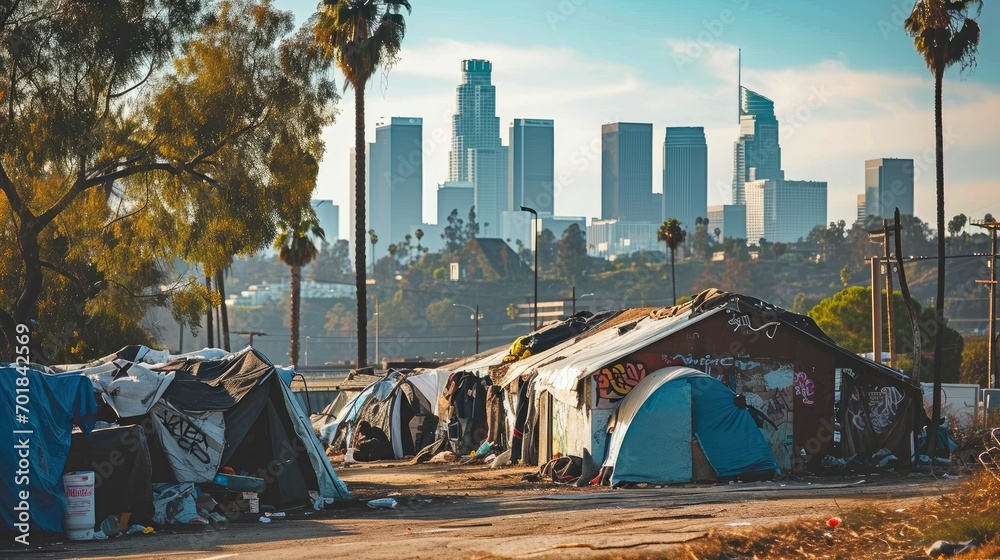 Refugee camp shelter for homeless in front of Los Angeles City Skyline - obrazy, fototapety, plakaty 