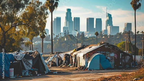 Refugee camp shelter for homeless in front of Los Angeles City Skyline