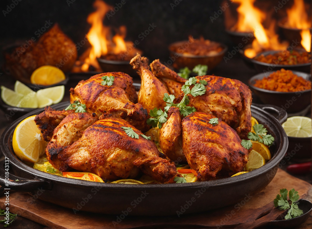 Tandoori chicken is a chicken dish prepared by roasting chicken Tandoori chicken is a chicken dish prepared by roasting chicken