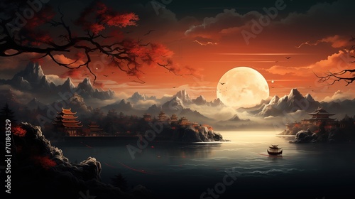 Chinese landscape with a big full moon and a boat in the sea
