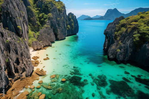 Stunning cliff and clear waters of El Nido, Palawan from above photo