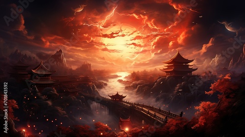 Fantasy landscape with ancient pagoda and bridge photo