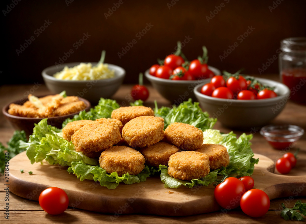 chicken nuggets lettuce cherry tomatoes on wood board on a table