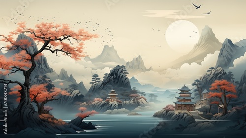Fényképezés Illustration of a Chinese landscape with mountains, pagoda and lake