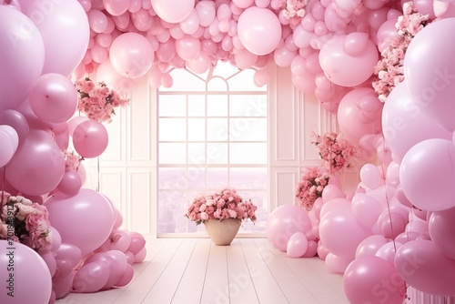 Modern large room decorated for Valentine's Day in light colors decorated with inflatable balloons and many flowers in light colors front view hyper realistic photography