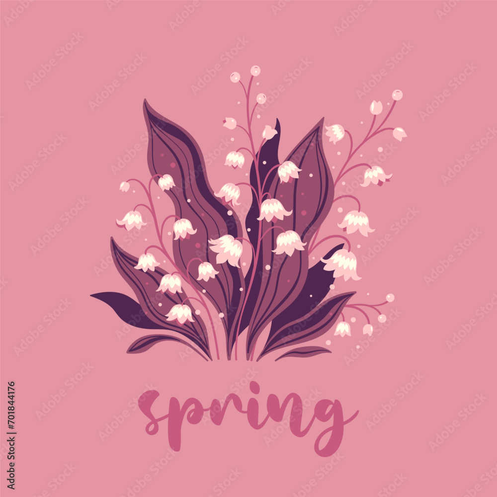 Spring card or poster with lilies of the valley in pink tones. Vector graphics. Spring card or poster with lilies of the valley in pink tones. Vector graphics.